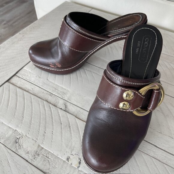 COACH PRE-OWNED CLAUDE #A0400 CHESTNUT BROWN LEATHER MULE SLIDE BOOT HIGH HEEL 7 - Picture 2 of 9